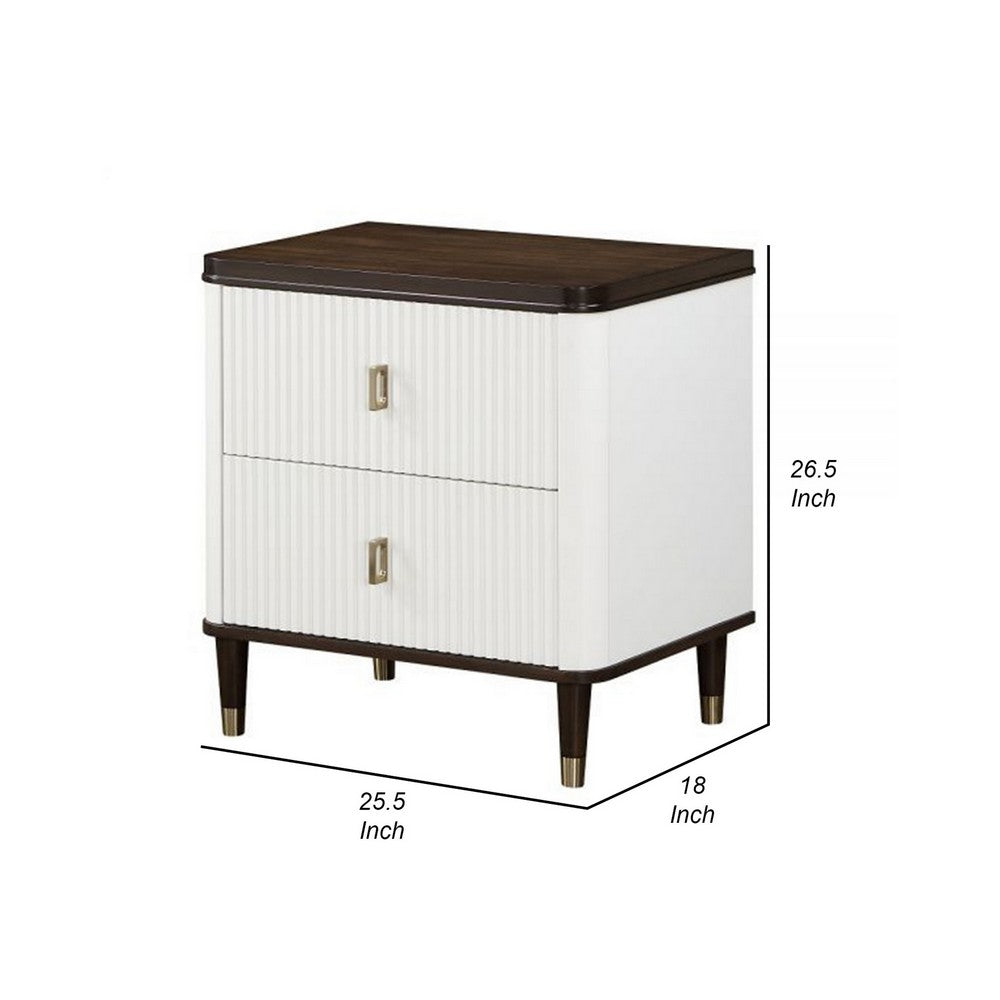 Aren 27 Inch Nightstand, 2 Drawers, USB Charger, Solid Wood, White, Brown - BM309465