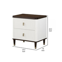 Aren 27 Inch Nightstand, 2 Drawers, USB Charger, Solid Wood, White, Brown - BM309465