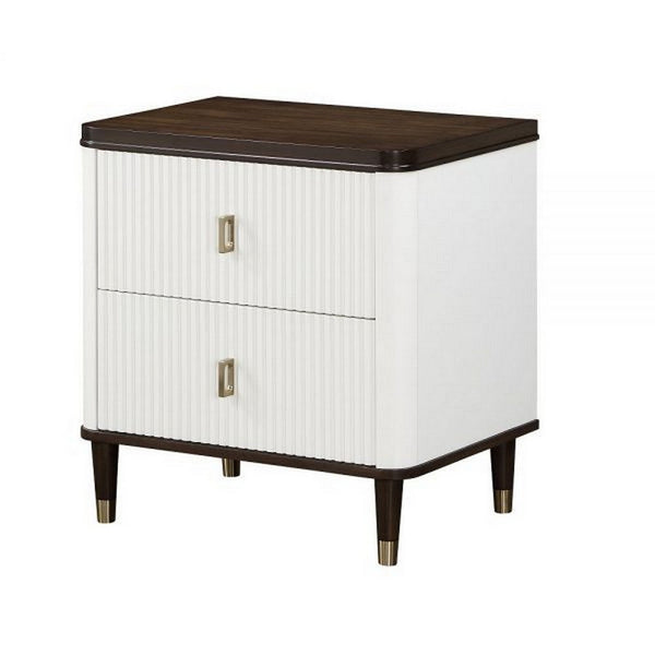 Aren 27 Inch Nightstand, 2 Drawers, USB Charger, Solid Wood, White, Brown - BM309465