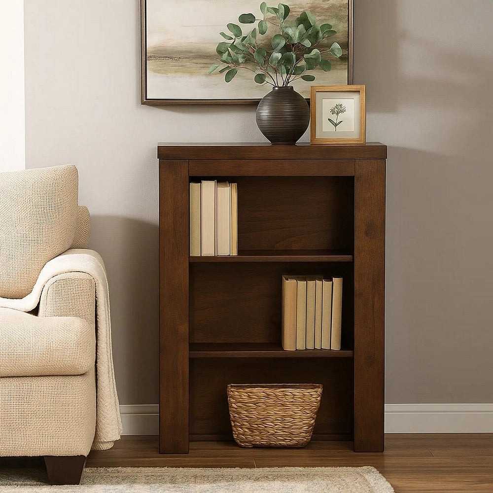 Maryl 26 Inch Pier Bookcase with 2 Shelves, Solid Wood, Antique Oak Brown  - BM309468