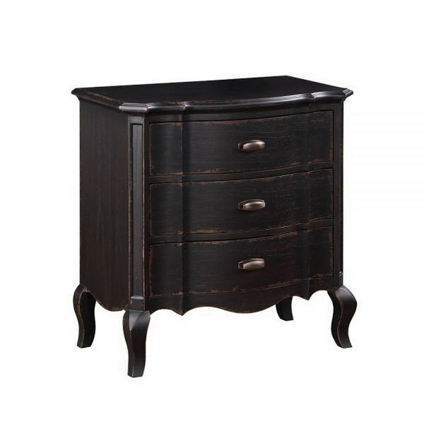 Cherry 30 Inch Nightstand, 3 Drawers, Cabriole Legs, Rubberwood, Black - BM309475