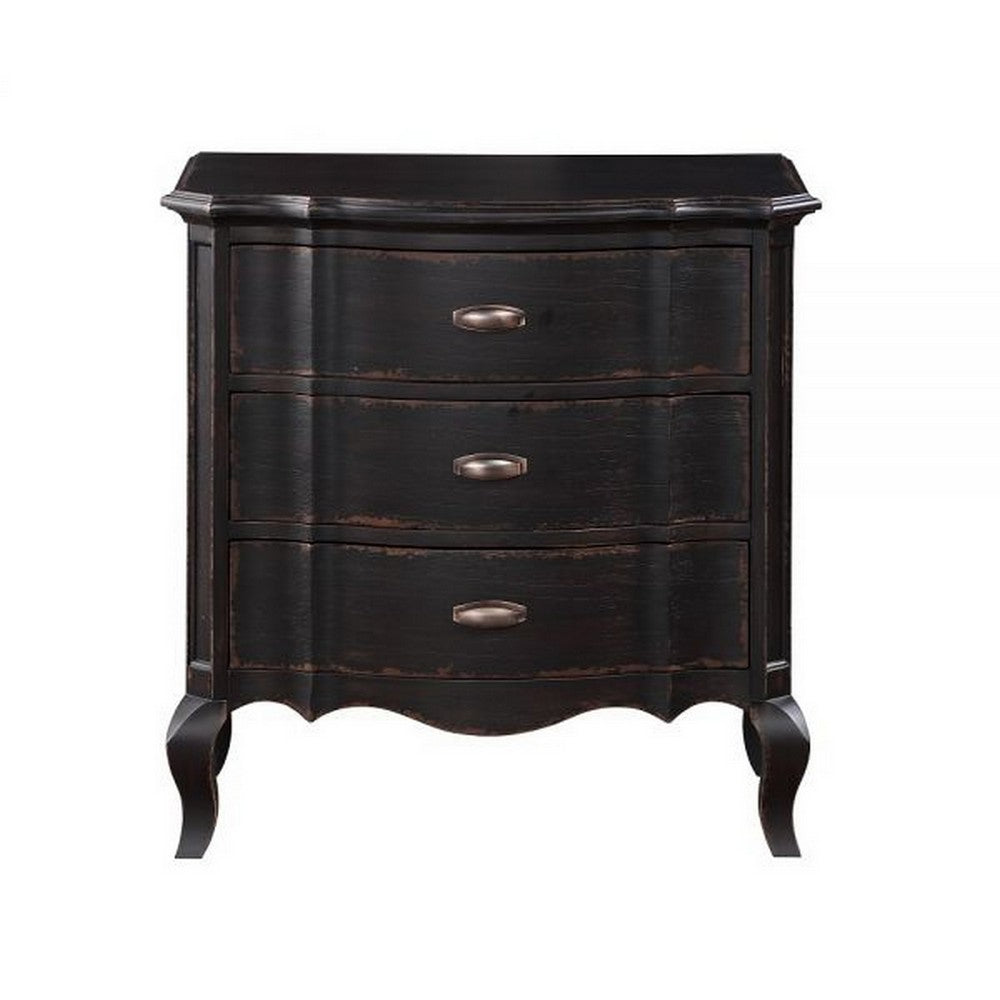 Cherry 30 Inch Nightstand, 3 Drawers, Cabriole Legs, Rubberwood, Black - BM309475