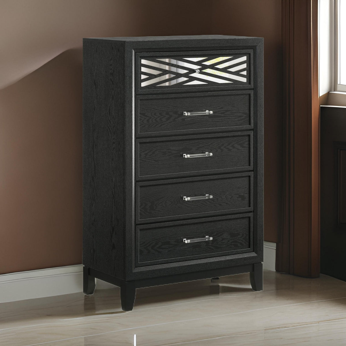 Kira 50 Inch Tall Dresser Chest, 5 Dovetail Drawers, Black Rubberwood - BM309484