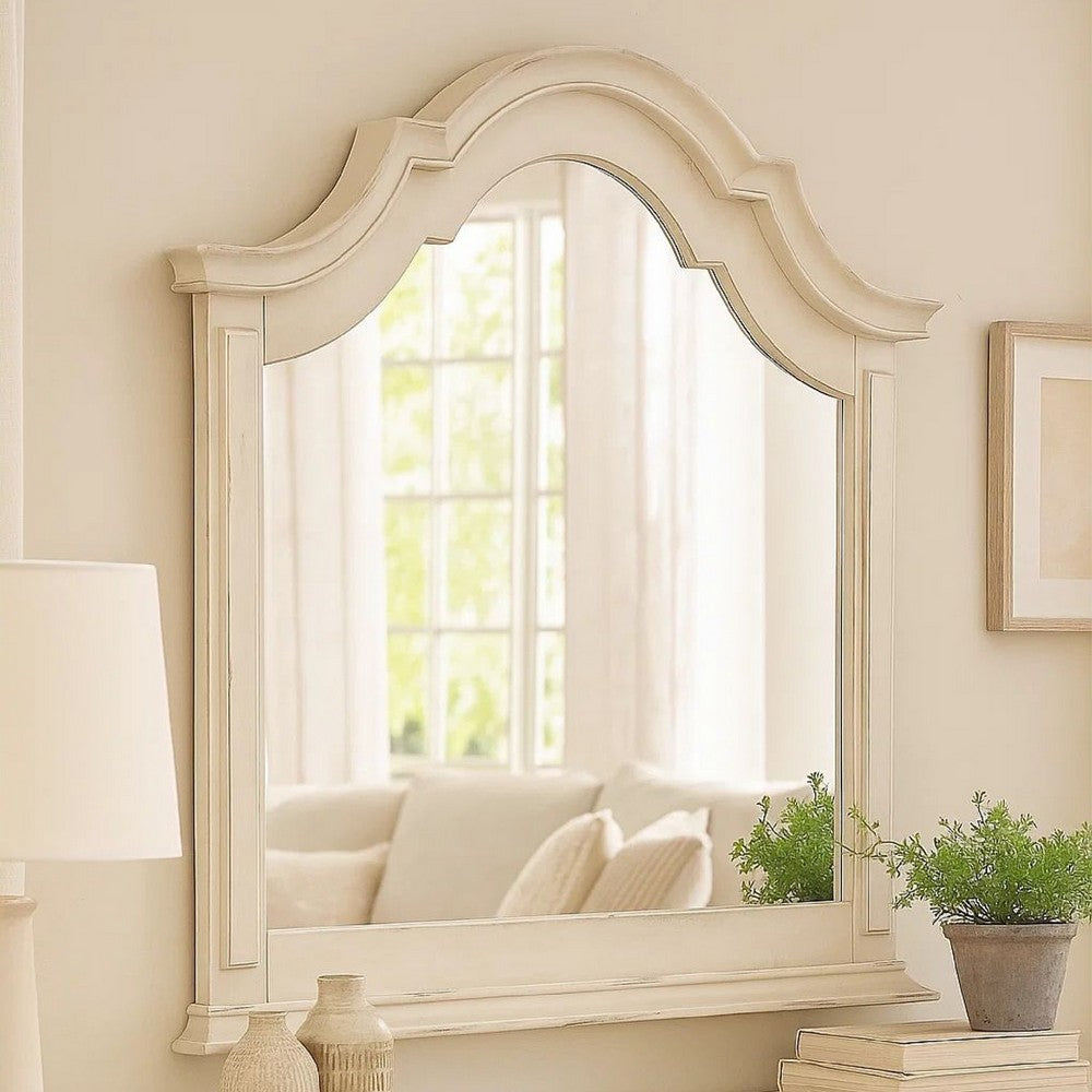 Benjara Maia 43 x 46 Dresser Mirror with Curved Top, Poplar and Oak, Antique White