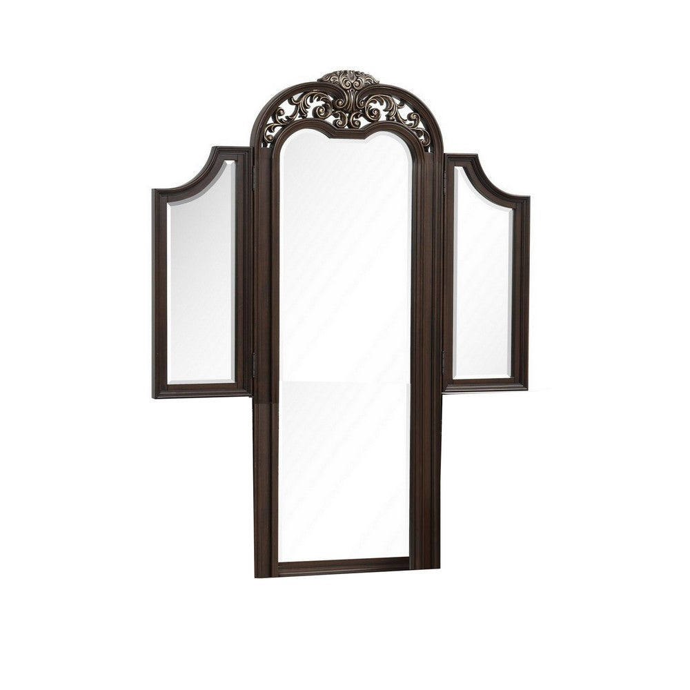 benzara Liana 64 Inch Vanity Table Mirror 3 Panels Crown Carvings and Scrollwork - BM309489