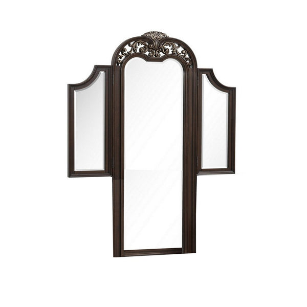 Liana 64 Inch Vanity Table Mirror, 3 Panels, Crown Carvings and Scrollwork - BM309489