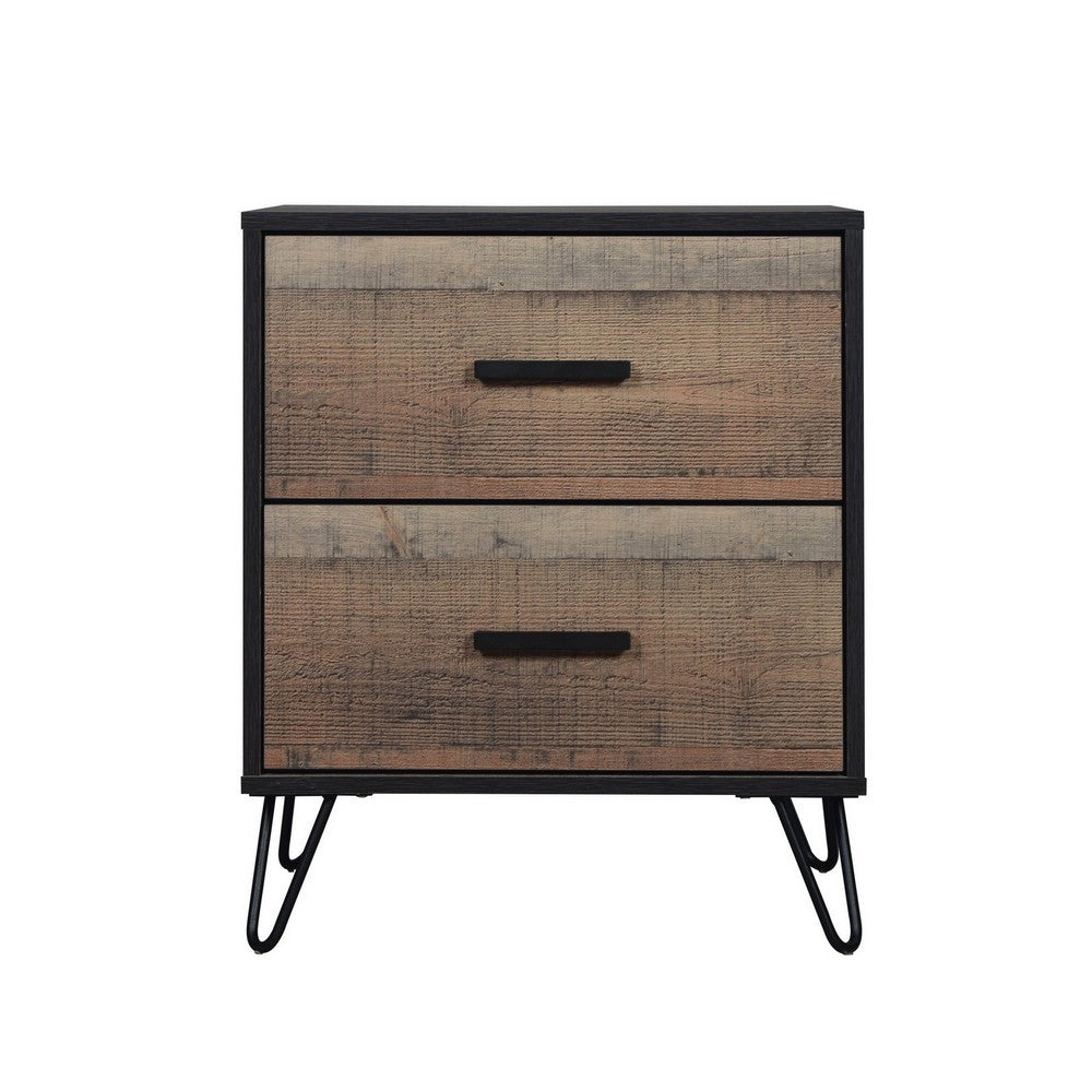 Lala 25 Inch Nightstand, 2 Drawers, Black Handles, Rustic Brown Wood Finish - BM309490