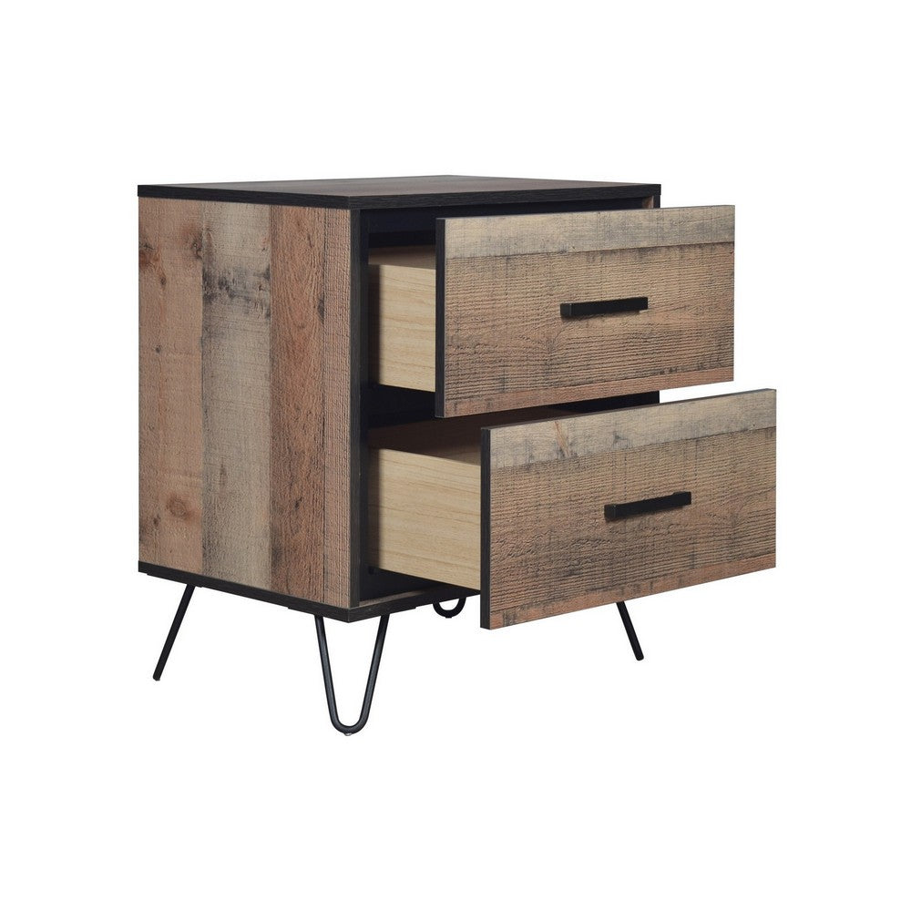 Lala 25 Inch Nightstand, 2 Drawers, Black Handles, Rustic Brown Wood Finish - BM309490