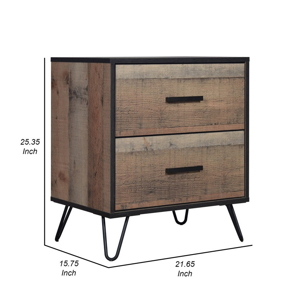 Lala 25 Inch Nightstand, 2 Drawers, Black Handles, Rustic Brown Wood Finish - BM309490