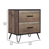 Lala 25 Inch Nightstand, 2 Drawers, Black Handles, Rustic Brown Wood Finish - BM309490