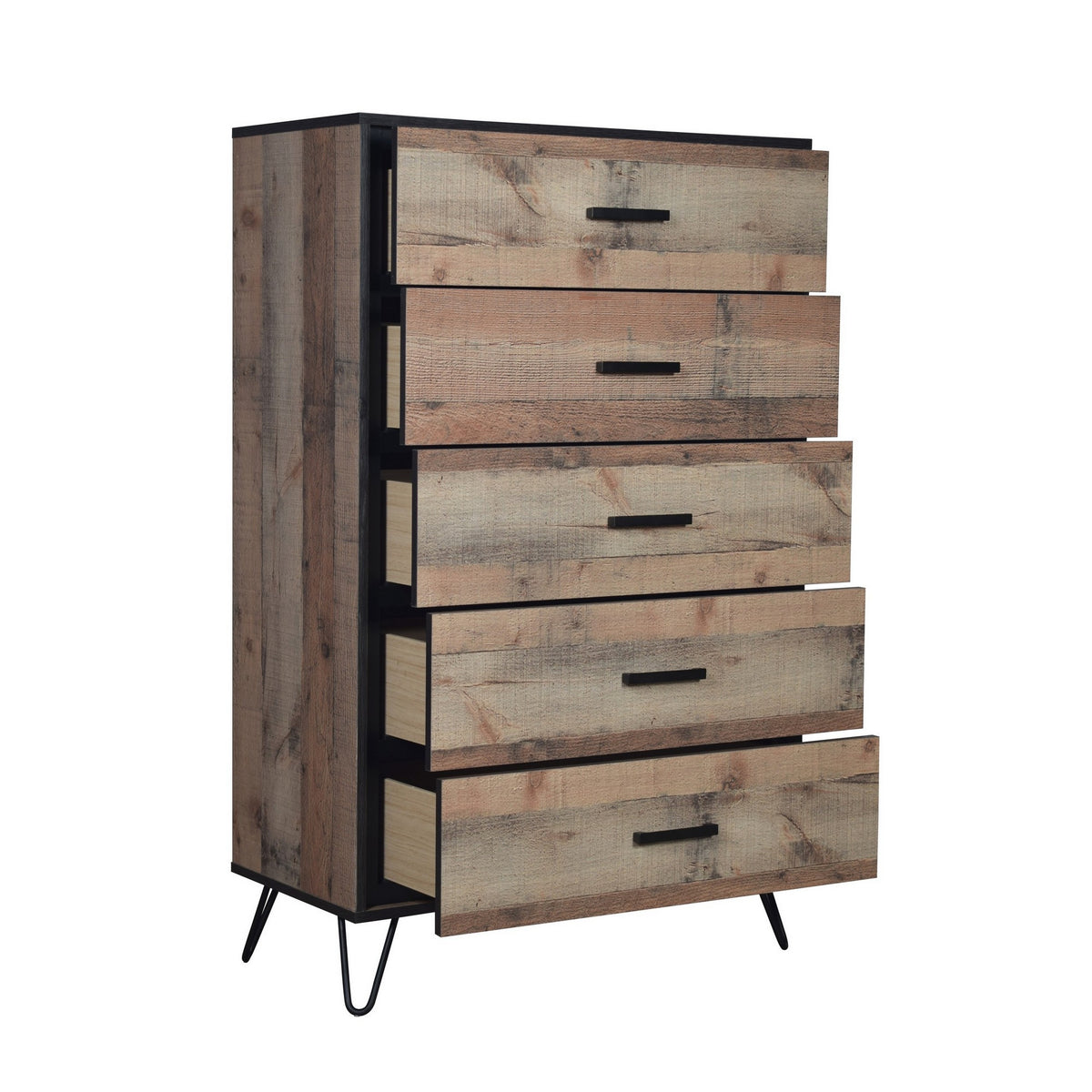 Lala 50 Inch Tall Dresser Chest, 5 Drawers, Black Handles, Rustic Brown - BM309493