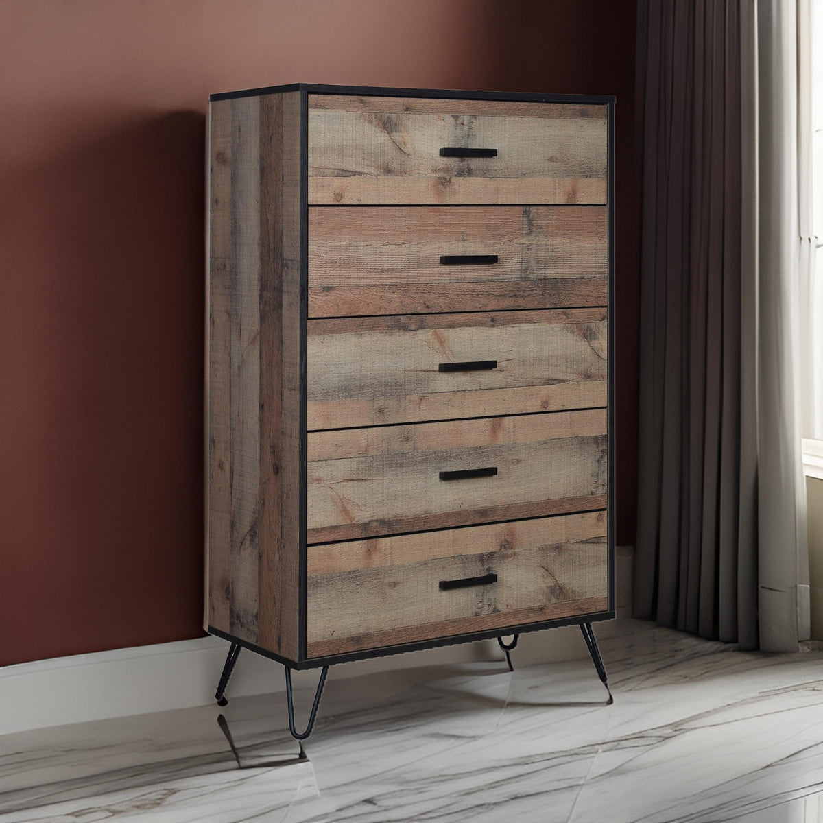 Lala 50 Inch Tall Dresser Chest, 5 Drawers, Black Handles, Rustic Brown - BM309493