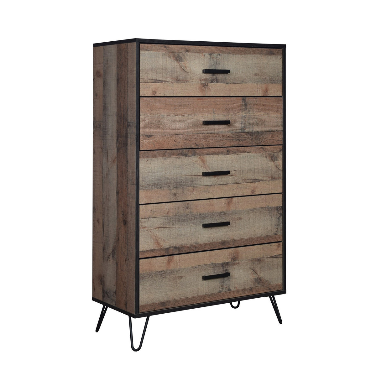 Lala 50 Inch Tall Dresser Chest, 5 Drawers, Black Handles, Rustic Brown - BM309493