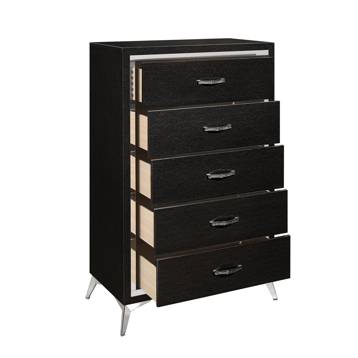 Sami 49 Inch Tall Dresser, 5 Drawers, Mirror Trim, Embossed Texture, Black - BM309513