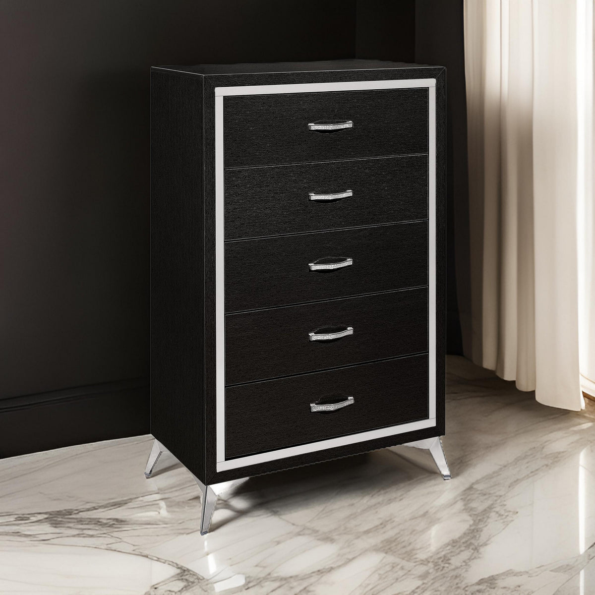 Sami 49 Inch Tall Dresser, 5 Drawers, Mirror Trim, Embossed Texture, Black - BM309513