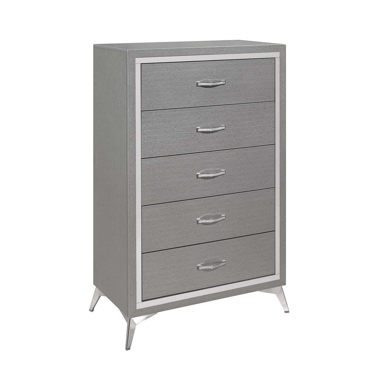 Sami 49 Inch Tall Dresser, 5 Drawers, Mirror Trim, Embossed Texture, Gray - BM309514