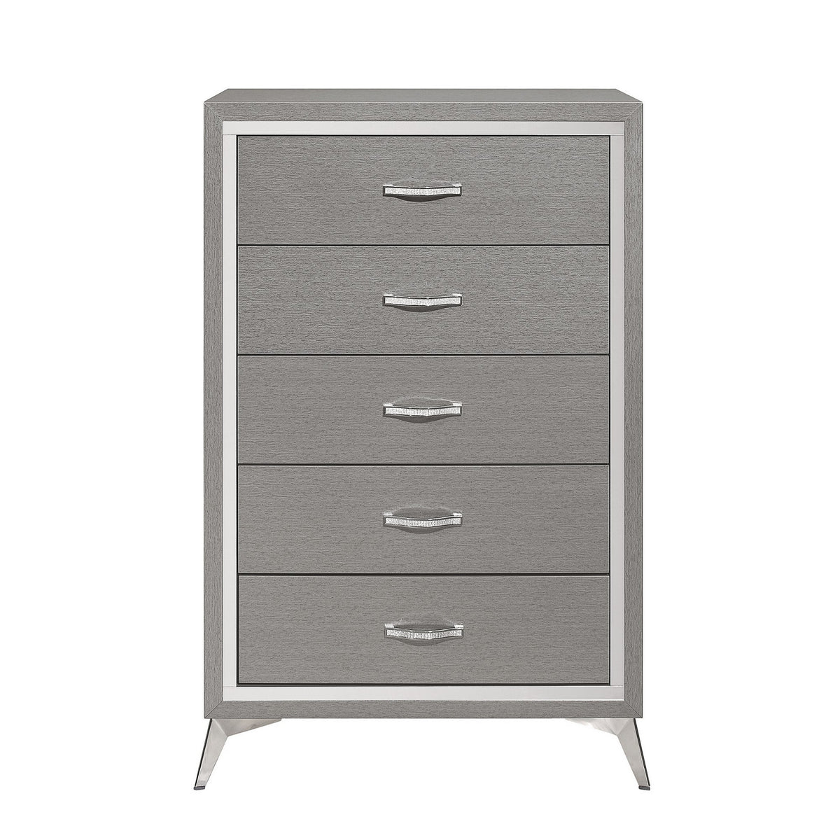 Sami 49 Inch Tall Dresser, 5 Drawers, Mirror Trim, Embossed Texture, Gray - BM309514