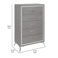 Sami 49 Inch Tall Dresser, 5 Drawers, Mirror Trim, Embossed Texture, Gray - BM309514