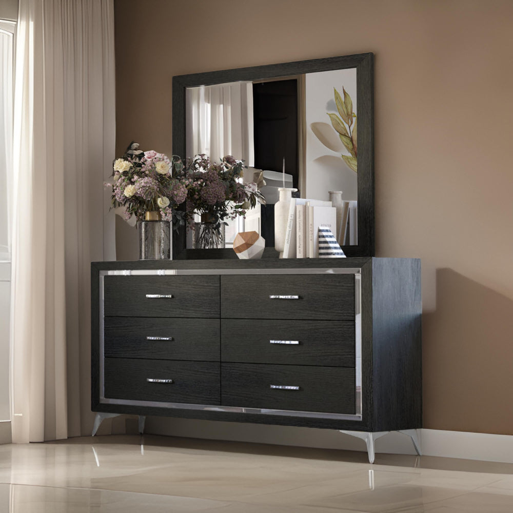 Sami 40 x 40 Dresser Mirror, Embossed Texture, Modern Style, Black Wood  - BM309515