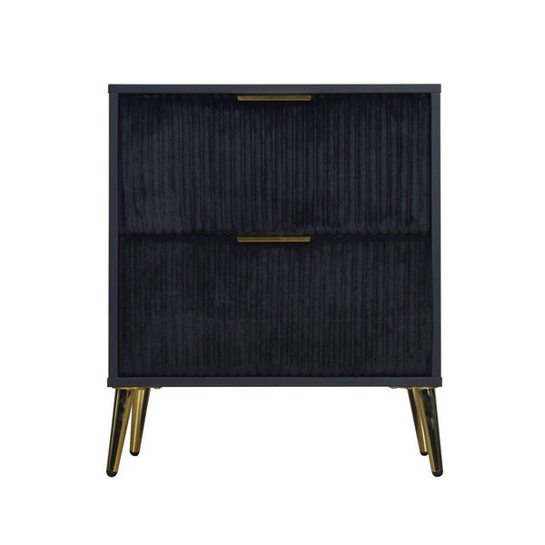 Moko 26 Inch Nightstand, 2 Ribbed Soft Upholstered Drawers, Black, Gold - BM309526