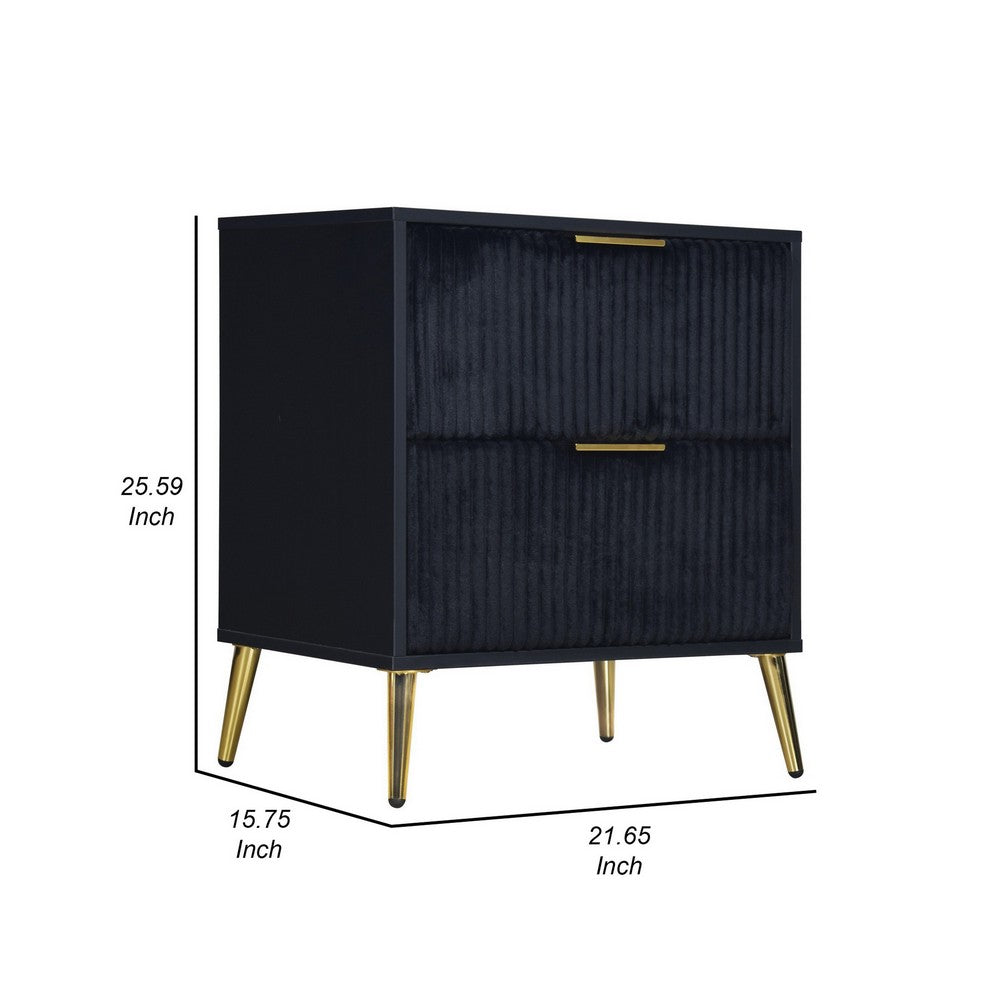 Moko 26 Inch Nightstand, 2 Ribbed Soft Upholstered Drawers, Black, Gold - BM309526