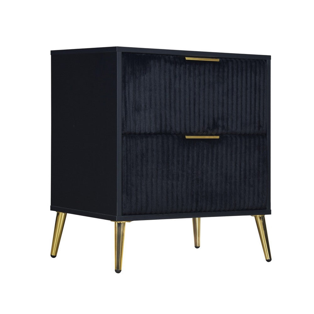 Moko 26 Inch Nightstand, 2 Ribbed Soft Upholstered Drawers, Black, Gold - BM309526