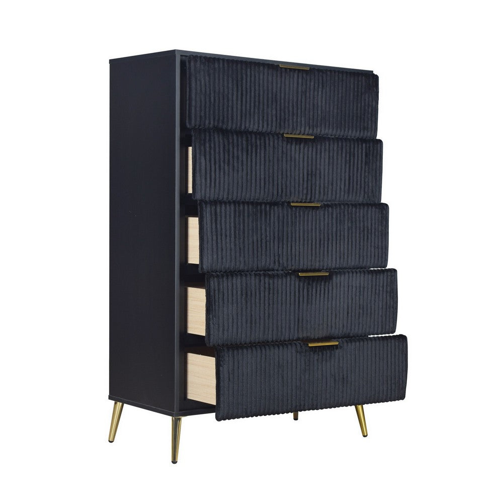 Moko 51 Inch Tall Dresser, 5 Soft Upholstered Drawers, Black, Gold - BM309529