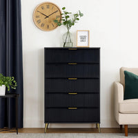Moko 51 Inch Tall Dresser, 5 Soft Upholstered Drawers, Black, Gold - BM309529