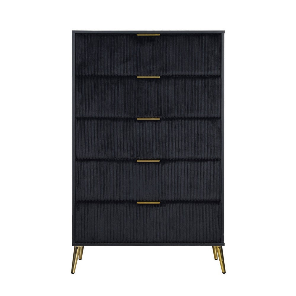 Moko 51 Inch Tall Dresser, 5 Soft Upholstered Drawers, Black, Gold - BM309529