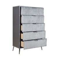 Moko 51 Inch Tall Dresser, 5 Fabirc Upholstered Drawers, Gray, Nickel - BM309530