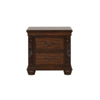 Akil 27 Inch Nightstand, 2 Drawers, Floral Carved Classic Cherry Brown Wood - BM309533