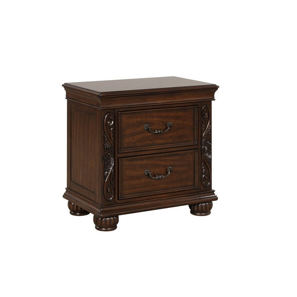 Akil 27 Inch Nightstand, 2 Drawers, Floral Carved Classic Cherry Brown Wood - BM309533
