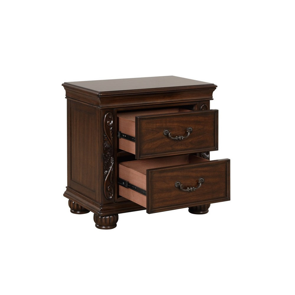 Akil 27 Inch Nightstand, 2 Drawers, Floral Carved Classic Cherry Brown Wood - BM309533