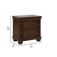 Akil 27 Inch Nightstand, 2 Drawers, Floral Carved Classic Cherry Brown Wood - BM309533