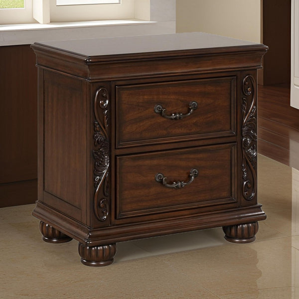 Akil 27 Inch Nightstand, 2 Drawers, Floral Carved Classic Cherry Brown Wood - BM309533