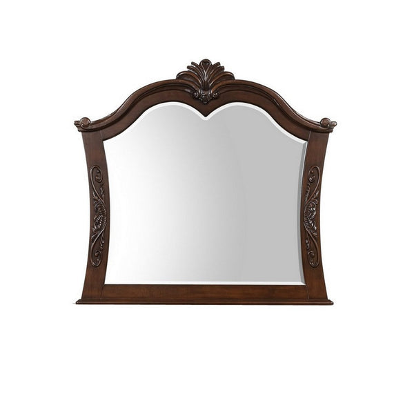 Akil 43 x 46 Dresser Mirror, Classic Arched Edges, Floral Carved Cherry Brown - BM309536