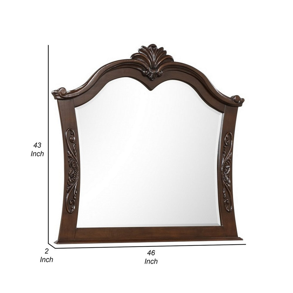 Akil 43 x 46 Dresser Mirror, Classic Arched Edges, Floral Carved Cherry Brown - BM309536