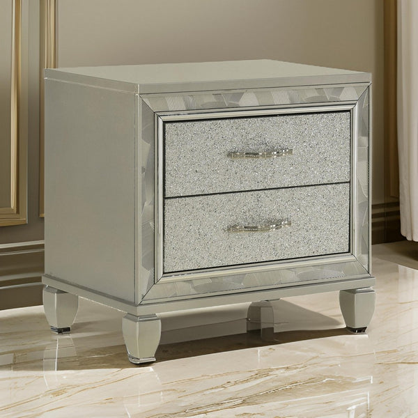 Bet 28 Inch Nightstand, 2 Rhinestone Inlaid Drawers, Chrome Handles, Silver - BM309537