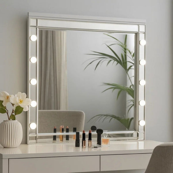Lee 37 x 40 Vanity Mirror, 10 Light Bulb Sockets, Modern White Wood Frame - BM309545