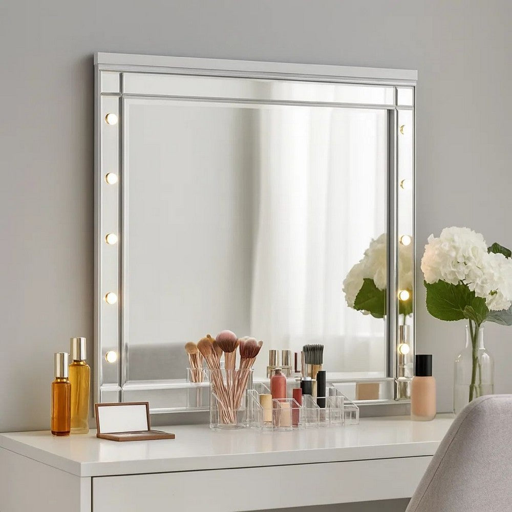 Benjara Lee 37 x 40 Vanity Mirror, 10 Light Bulb Sockets, Modern White ...