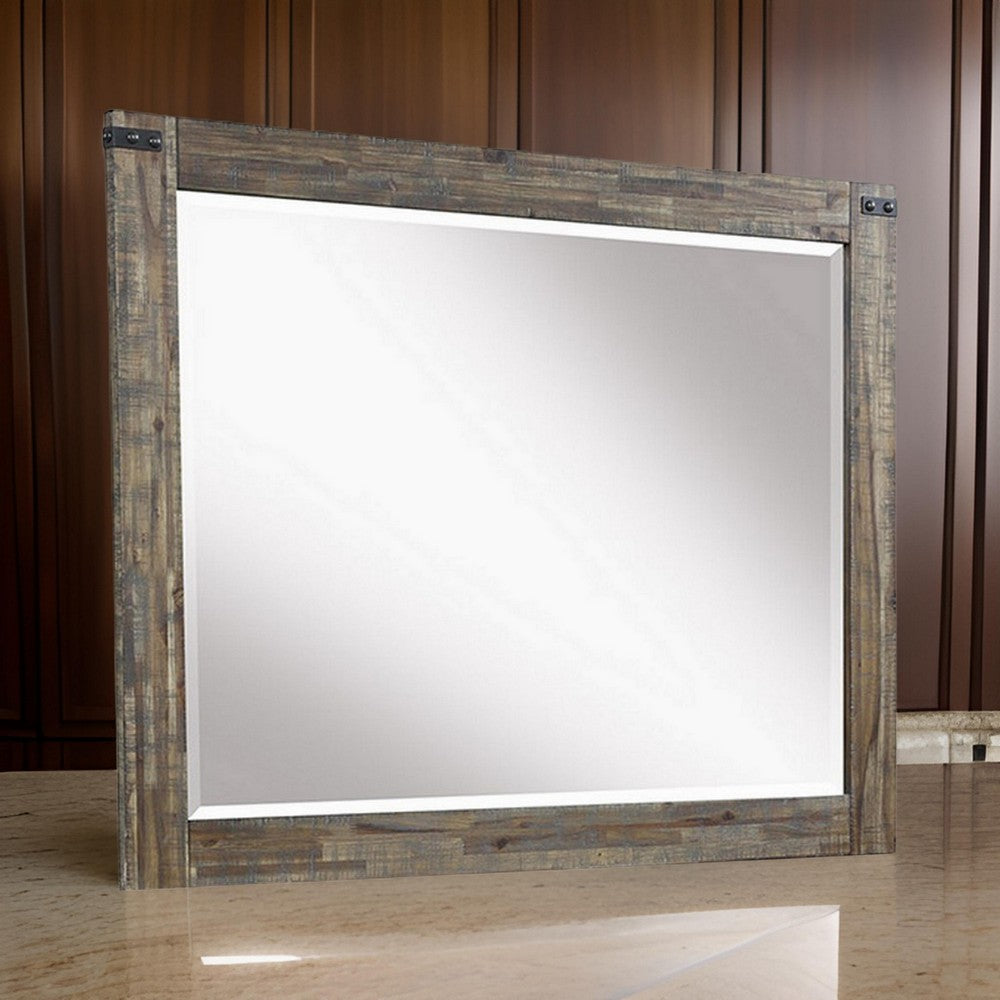 Galle 38 x 50 Dresser Mirror, Rectangular, Metal Accents, Walnut Brown Wood - BM309564