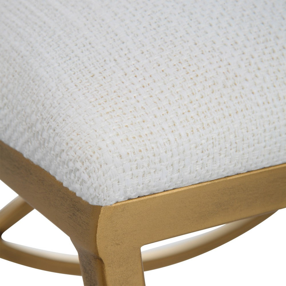 24 Inch Accent Stool, Cushioned, Double Arched, Off White Upholstery, Gold - BM309568