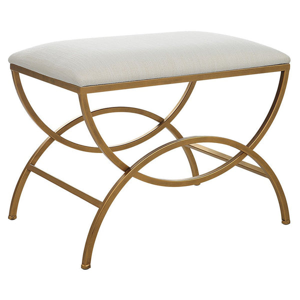 24 Inch Accent Stool, Cushioned, Double Arched, Off White Upholstery, Gold - BM309568