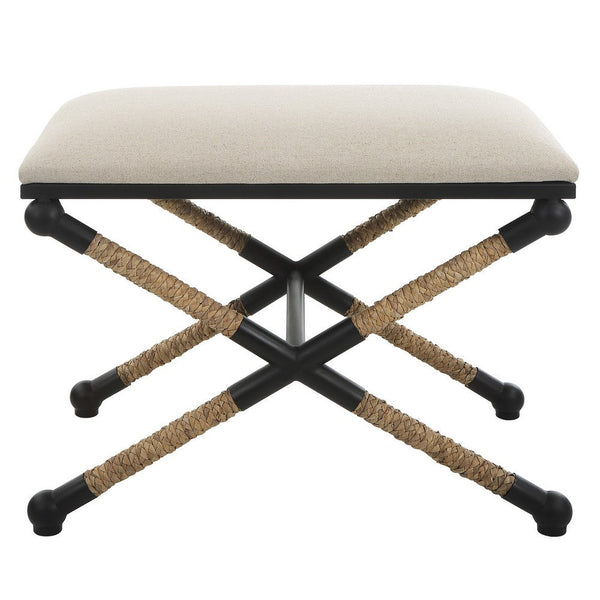 24 Inch Accent Stool, Cusioned Seat, Iron Black Frame, Off White Upholstery - BM309570