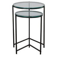 Set of 2 Nesting Tables, Round Clear Tempered Glass Tabletop, Black Frame - BM309571