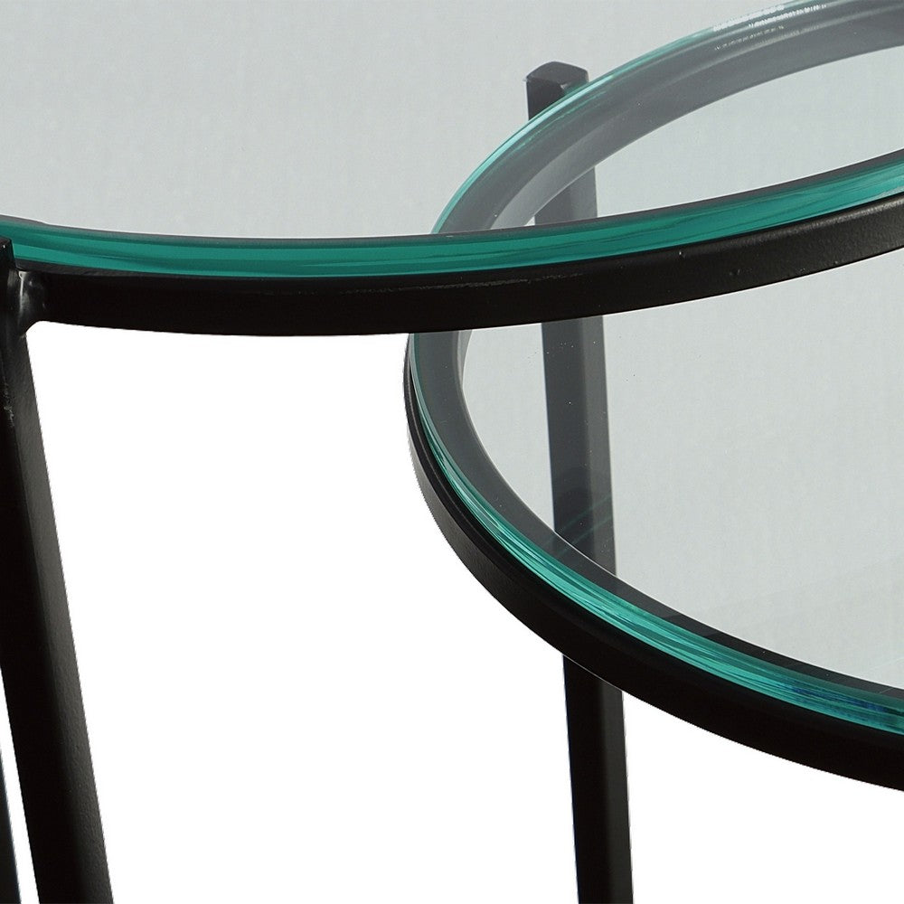 Set of 2 Nesting Tables, Round Clear Tempered Glass Tabletop, Black Frame - BM309571