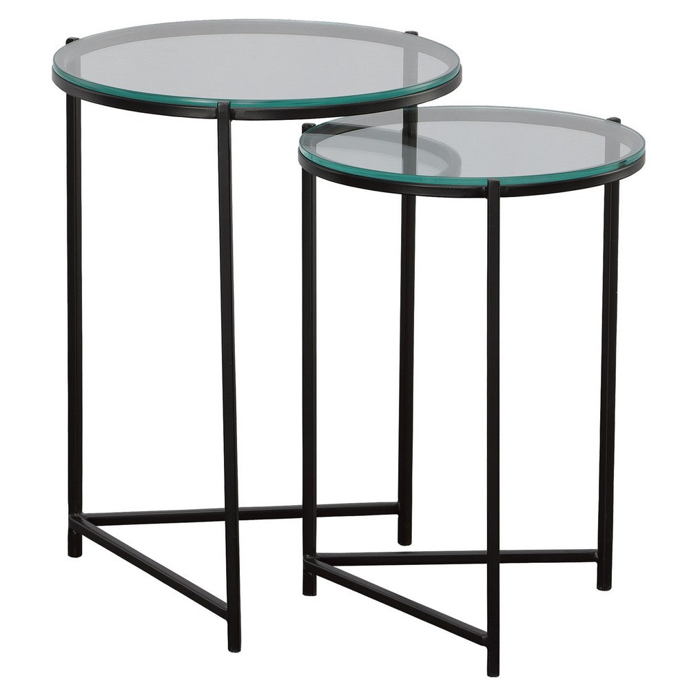 Set of 2 Nesting Tables, Round Clear Tempered Glass Tabletop, Black Frame - BM309571