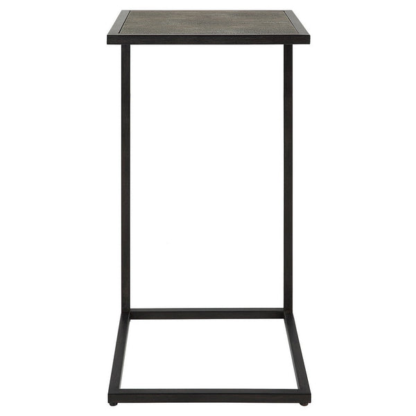 24 Inch Accent Table, Open C Shape, Gray Shagreen Top, Antique Black - BM309574