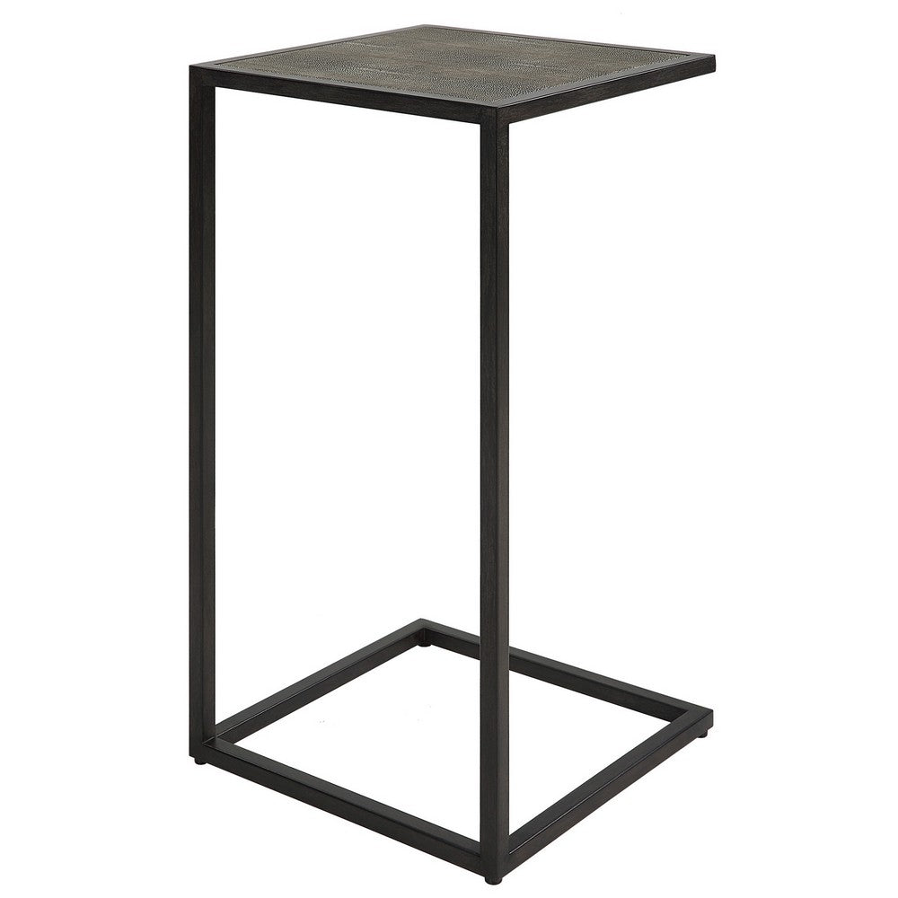 24 Inch Accent Table, Open C Shape, Gray Shagreen Top, Antique Black - BM309574