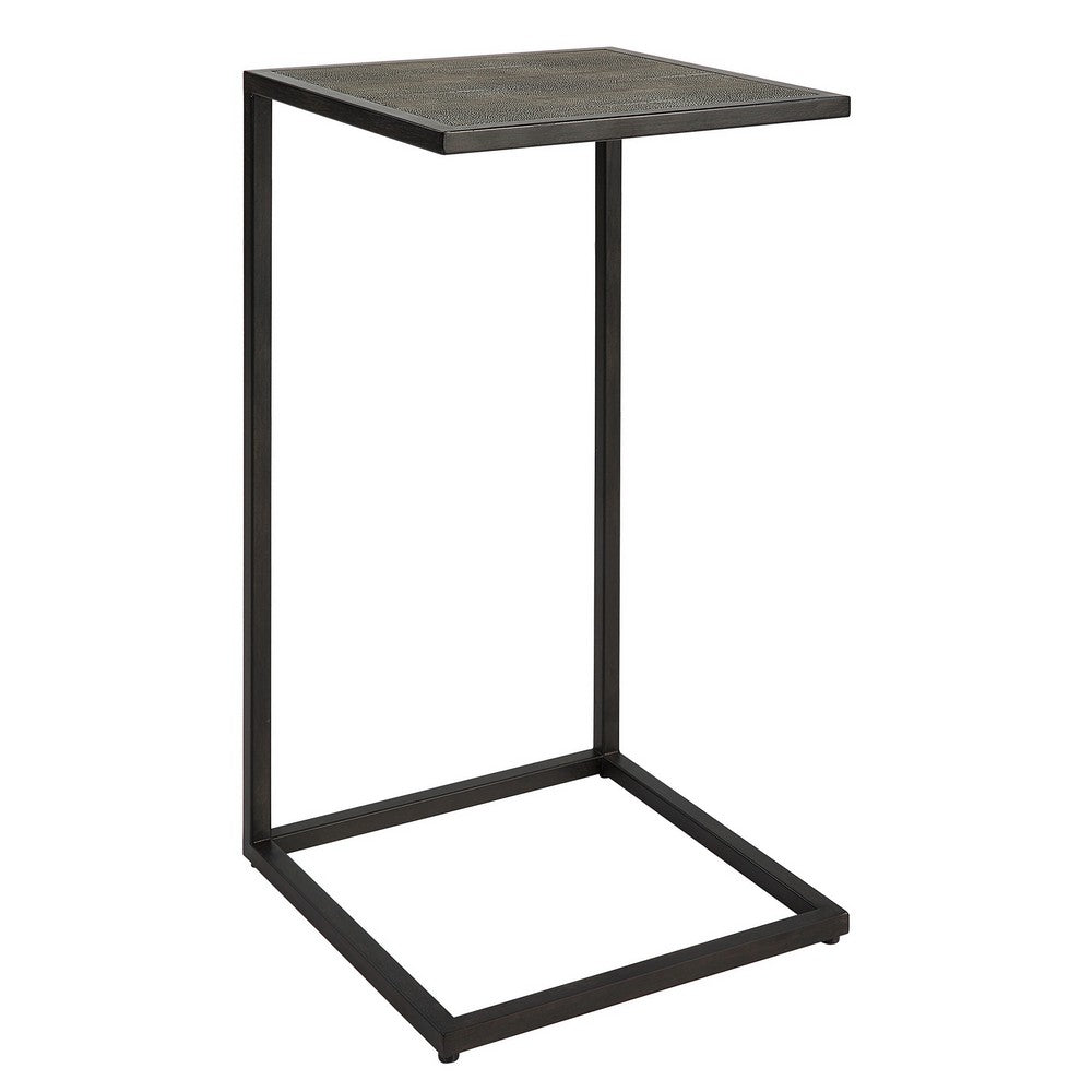 24 Inch Accent Table, Open C Shape, Gray Shagreen Top, Antique Black - BM309574